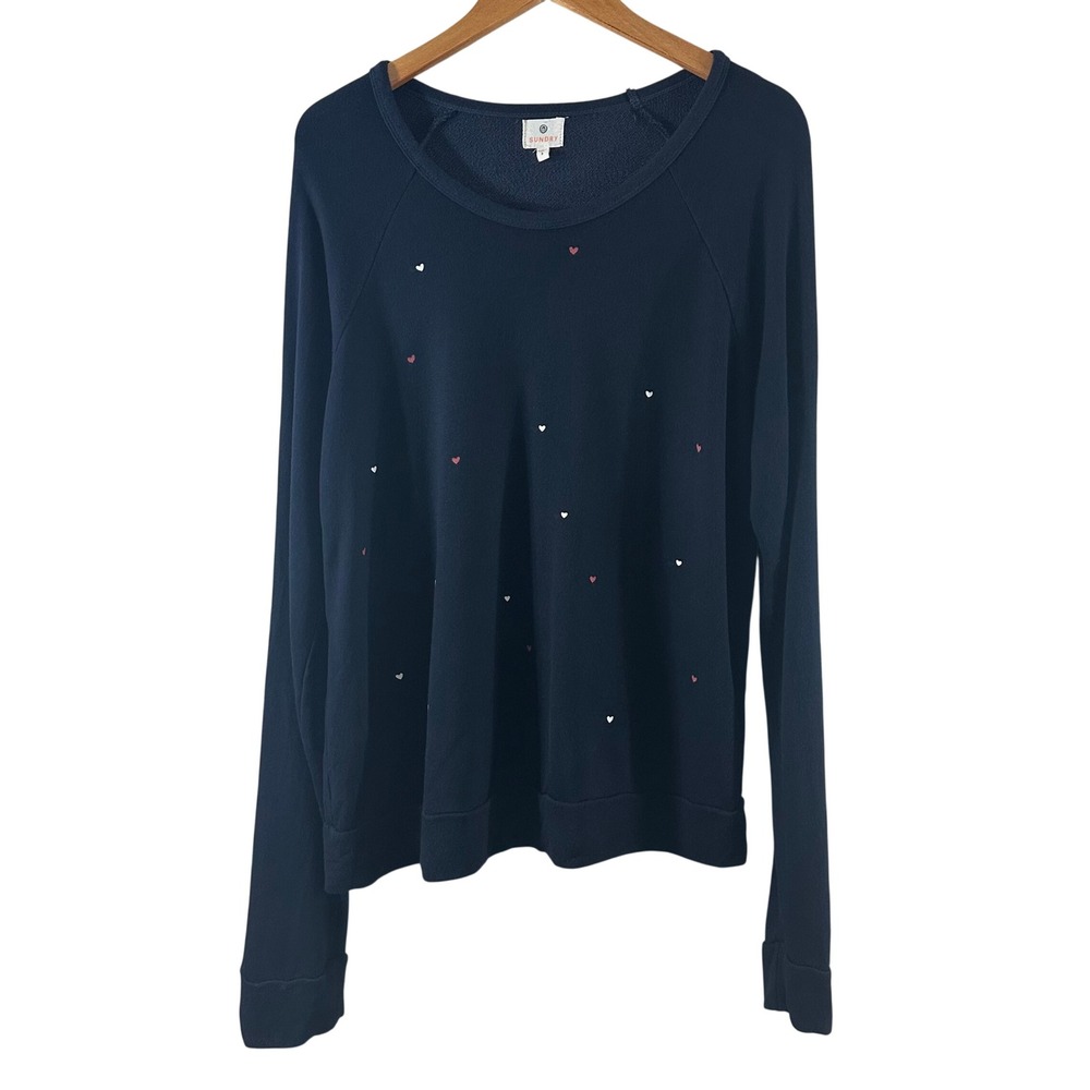 Sundry Navy‎ Blue Heart Embroidered Raglan Crew Neck Sweatshirt Size 3 L USA